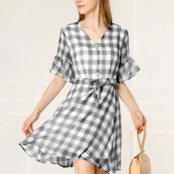 Allegra K Women's Checkered Plaid V-Neck Button Flutter Sleeve Mini Dress