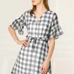 Allegra K Women's Checkered Plaid V-Neck Button Flutter Sleeve Mini Dress