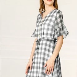 Allegra K Women's Checkered Plaid V-Neck Button Flutter Sleeve Mini Dress