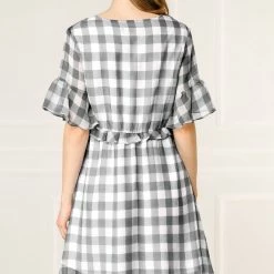 Allegra K Women's Checkered Plaid V-Neck Button Flutter Sleeve Mini Dress