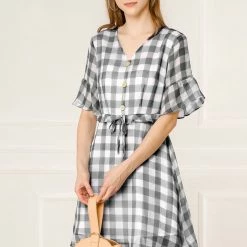 Allegra K Women's Checkered Plaid V-Neck Button Flutter Sleeve Mini Dress