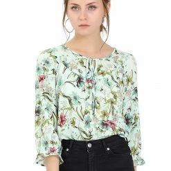 Allegra K Women's Tie V Neck Casual Boho Ruffled 3/4 Sleeve Floral Blouse Tops
