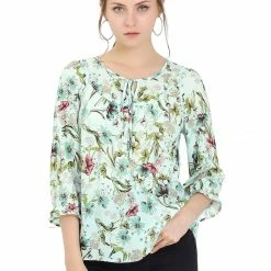 Allegra K Women's Tie V Neck Casual Boho Ruffled 3/4 Sleeve Floral Blouse Tops