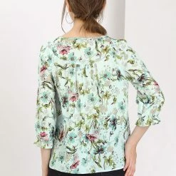 Allegra K Women's Tie V Neck Casual Boho Ruffled 3/4 Sleeve Floral Blouse Tops