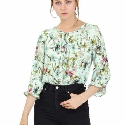 Allegra K Women's Tie V Neck Casual Boho Ruffled 3/4 Sleeve Floral Blouse Tops