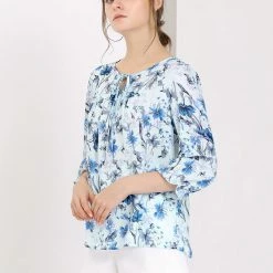 Allegra K Women's Tie V Neck Casual Boho Ruffled 3/4 Sleeve Floral Blouse Tops