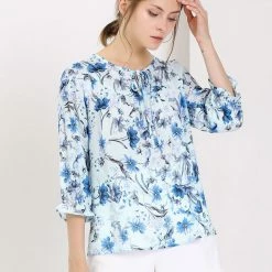 Allegra K Women's Tie V Neck Casual Boho Ruffled 3/4 Sleeve Floral Blouse Tops