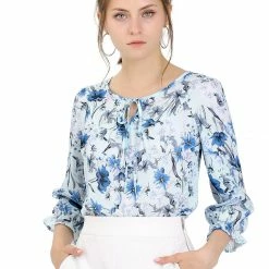 Allegra K Women's Tie V Neck Casual Boho Ruffled 3/4 Sleeve Floral Blouse Tops