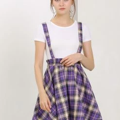 Allegra K Women's Tartan Plaid Button Decor Flare Skater Suspender Skirt 54 Allegra K Women's Tartan Plaid Button Decor Flare Skater Suspender Skirt