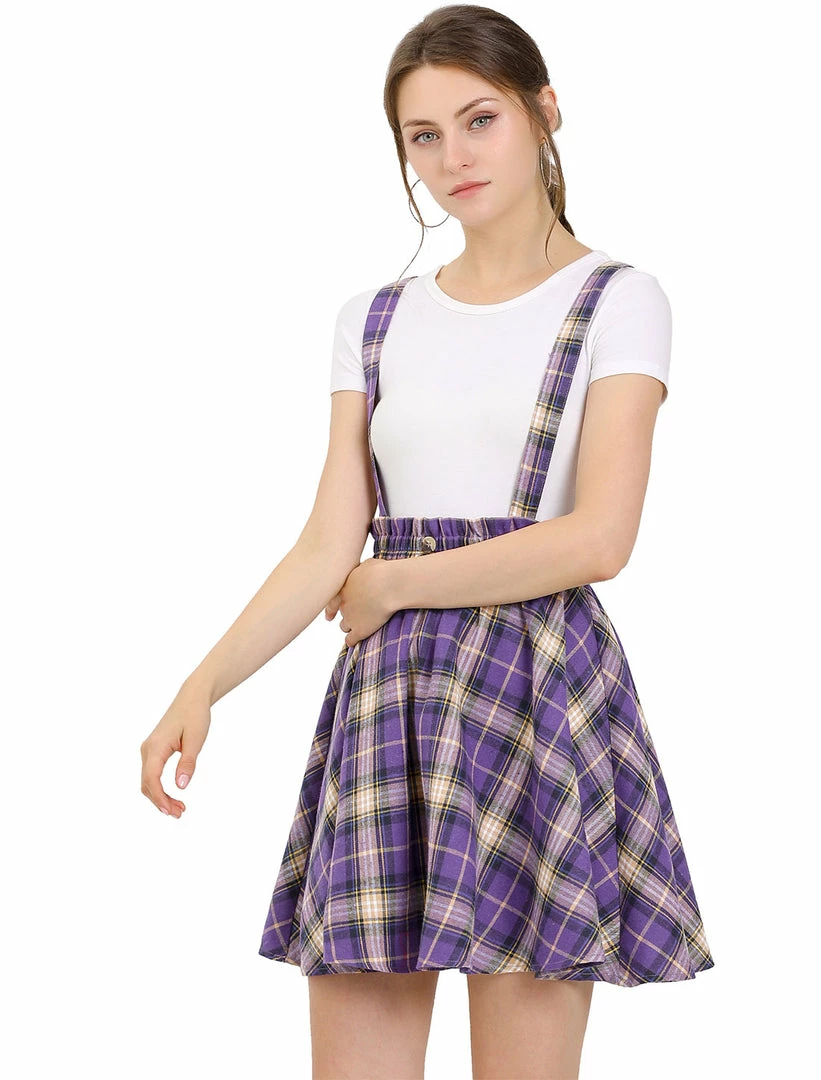 Allegra K Women's Tartan Plaid Button Decor Flare Skater Suspender Skirt 9 Allegra K Women's Tartan Plaid Button Decor Flare Skater Suspender Skirt