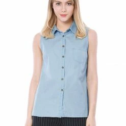 Women Allegra K Single Breasted Point Collar Sleeveless Shirt 64 Women Allegra K Single Breasted Point Collar Sleeveless Shirt