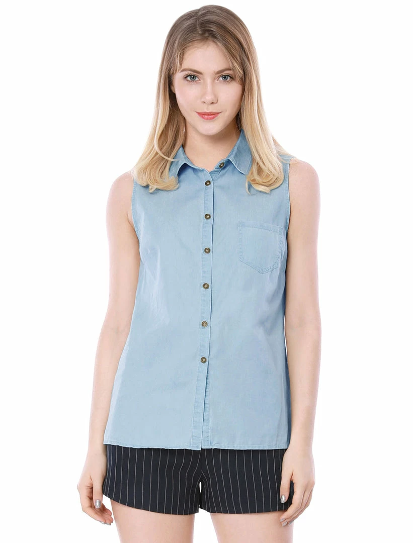 Women Allegra K Single Breasted Point Collar Sleeveless Shirt 22 Women Allegra K Single Breasted Point Collar Sleeveless Shirt