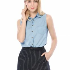 Women Allegra K Single Breasted Point Collar Sleeveless Shirt 63 Women Allegra K Single Breasted Point Collar Sleeveless Shirt