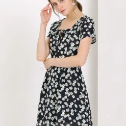 Allegra K Star Print Casual Square Neck Short Sleeve A-Line Dress