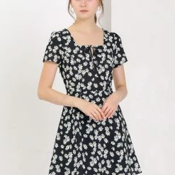 Allegra K Star Print Casual Square Neck Short Sleeve A-Line Dress