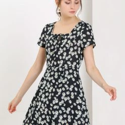 Allegra K Star Print Casual Square Neck Short Sleeve A-Line Dress