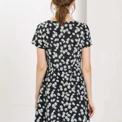 Allegra K Star Print Casual Square Neck Short Sleeve A-Line Dress