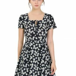 Allegra K Star Print Casual Square Neck Short Sleeve A-Line Dress