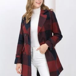 Allegra K Women's Notched Lapel Double Breasted Winter Plaids Coat