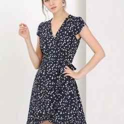 Allegra K Women's Spring Ruffle Hem Irregular Dot Short Sleeve Above Knee Length V-Neck Chiffon Floral Wrap Dress 45 Allegra K Women's Spring Ruffle Hem Irregular Dot Short Sleeve Above Knee Length V-Neck Chiffon Floral Wrap Dress