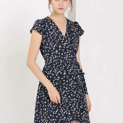 Allegra K Women's Spring Ruffle Hem Irregular Dot Short Sleeve Above Knee Length V-Neck Chiffon Floral Wrap Dress 46 Allegra K Women's Spring Ruffle Hem Irregular Dot Short Sleeve Above Knee Length V-Neck Chiffon Floral Wrap Dress