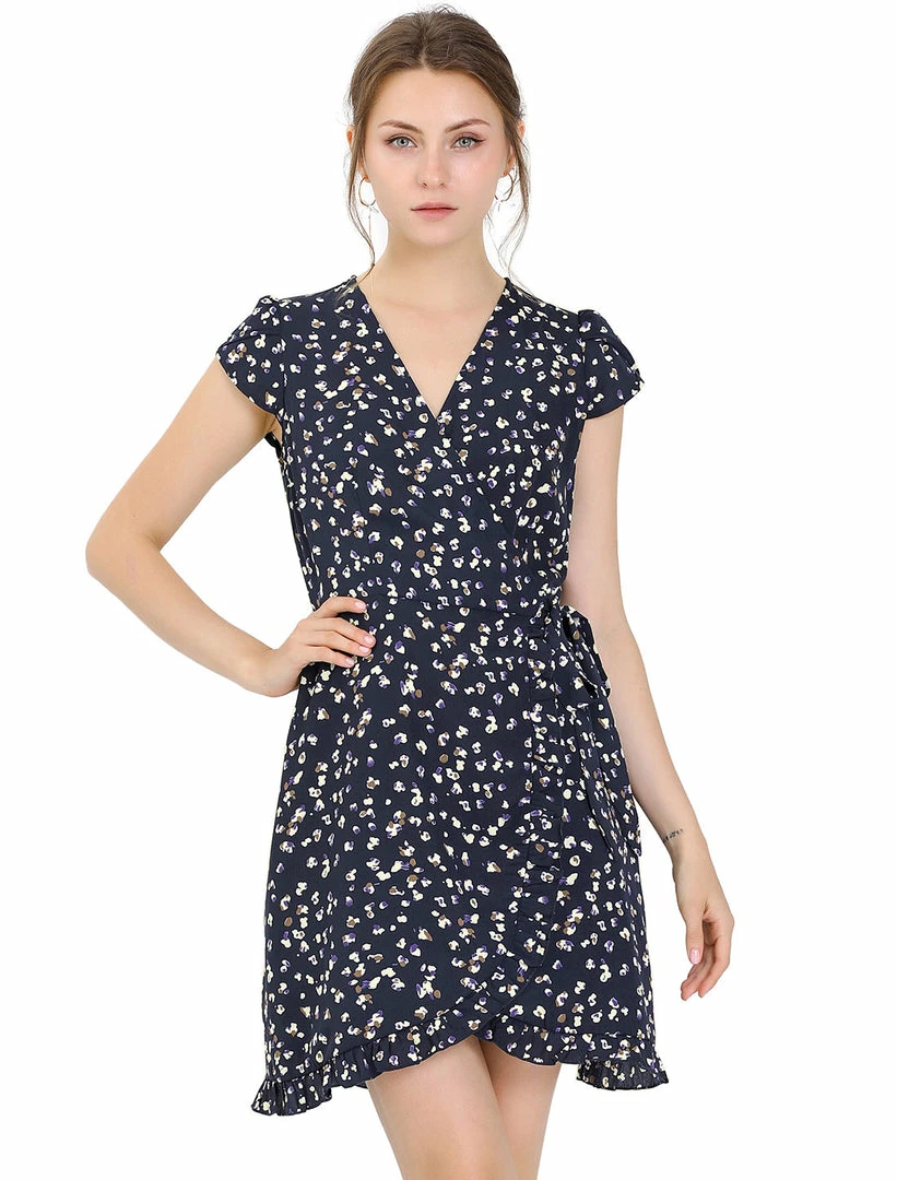 Allegra K Women's Spring Ruffle Hem Irregular Dot Short Sleeve Above Knee Length V-Neck Chiffon Floral Wrap Dress 21 Allegra K Women's Spring Ruffle Hem Irregular Dot Short Sleeve Above Knee Length V-Neck Chiffon Floral Wrap Dress