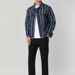 Allegra K Men's Striped Denim Jacket Button Down Jeans Trucker Jacket Outerwear