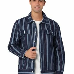 Allegra K Men's Striped Denim Jacket Button Down Jeans Trucker Jacket Outerwear