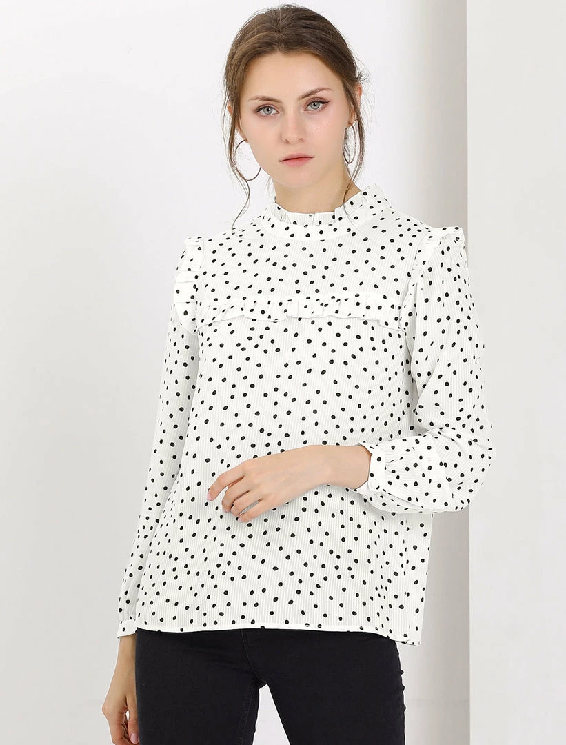 Allegra K Women's Ruffle Trim Polka Dots Blouse Long Sleeve Back Bow Tie Cute Top Shirt 16 Allegra K Women's Ruffle Trim Polka Dots Blouse Long Sleeve Back Bow Tie Cute Top Shirt