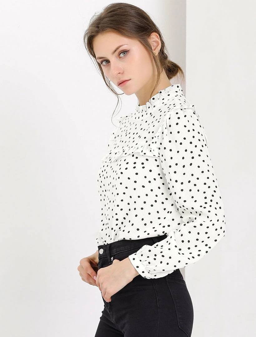 Allegra K Women's Ruffle Trim Polka Dots Blouse Long Sleeve Back Bow Tie Cute Top Shirt 18 Allegra K Women's Ruffle Trim Polka Dots Blouse Long Sleeve Back Bow Tie Cute Top Shirt