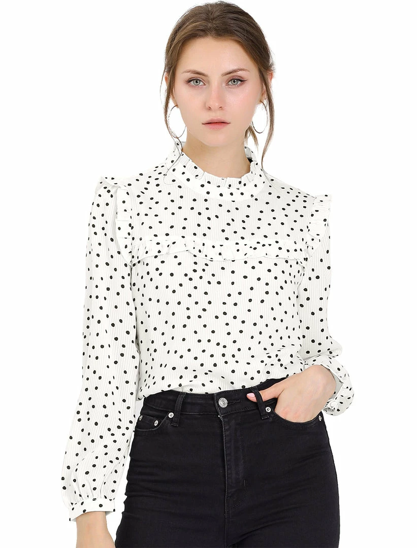 Allegra K Women's Ruffle Trim Polka Dots Blouse Long Sleeve Back Bow Tie Cute Top Shirt 15 Allegra K Women's Ruffle Trim Polka Dots Blouse Long Sleeve Back Bow Tie Cute Top Shirt