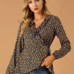 Allegra K Floral Print Crossover Ruffle V Neck Self Tie Wrap Peplum Top Women