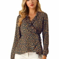 Allegra K Floral Print Crossover Ruffle V Neck Self Tie Wrap Peplum Top Women