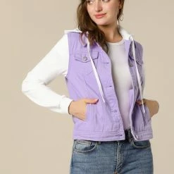 Women Allegra K Washed Denim Jacket With A Hood And Sleeves In Sweatshirt Fabric 86 Women Allegra K Washed Denim Jacket With A Hood And Sleeves In Sweatshirt Fabric