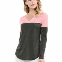 Allegra K Split V-neck Long Sleeves Color Block T-Shirt 72 Allegra K Split V-neck Long Sleeves Color Block T-Shirt