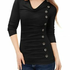 Women Allegra K Cowl Neck Long Sleeves Buttons Decor Ruched Top 99 Women Allegra K Cowl Neck Long Sleeves Buttons Decor Ruched Top