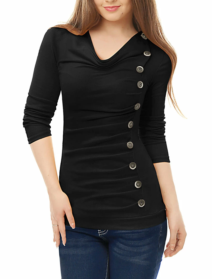 Women Allegra K Cowl Neck Long Sleeves Buttons Decor Ruched Top 12 Women Allegra K Cowl Neck Long Sleeves Buttons Decor Ruched Top