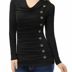 Women Allegra K Cowl Neck Long Sleeves Buttons Decor Ruched Top 100 Women Allegra K Cowl Neck Long Sleeves Buttons Decor Ruched Top