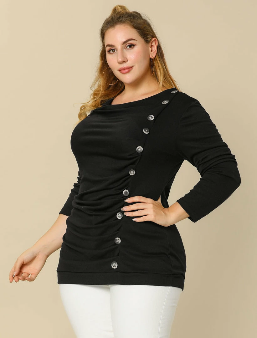 Women Allegra K Cowl Neck Long Sleeves Buttons Decor Ruched Top 16 Women Allegra K Cowl Neck Long Sleeves Buttons Decor Ruched Top