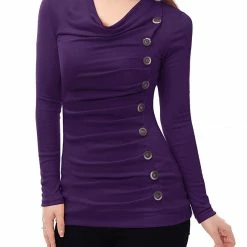 Women Allegra K Cowl Neck Long Sleeves Buttons Decor Ruched Top 94 Women Allegra K Cowl Neck Long Sleeves Buttons Decor Ruched Top