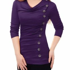 Women Allegra K Cowl Neck Long Sleeves Buttons Decor Ruched Top 95 Women Allegra K Cowl Neck Long Sleeves Buttons Decor Ruched Top