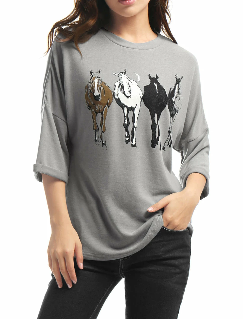 Allegra K Drop Shoulder 3/4 Sleeves Horse Print Loose Top 46 Allegra K Drop Shoulder 3/4 Sleeves Horse Print Loose Top