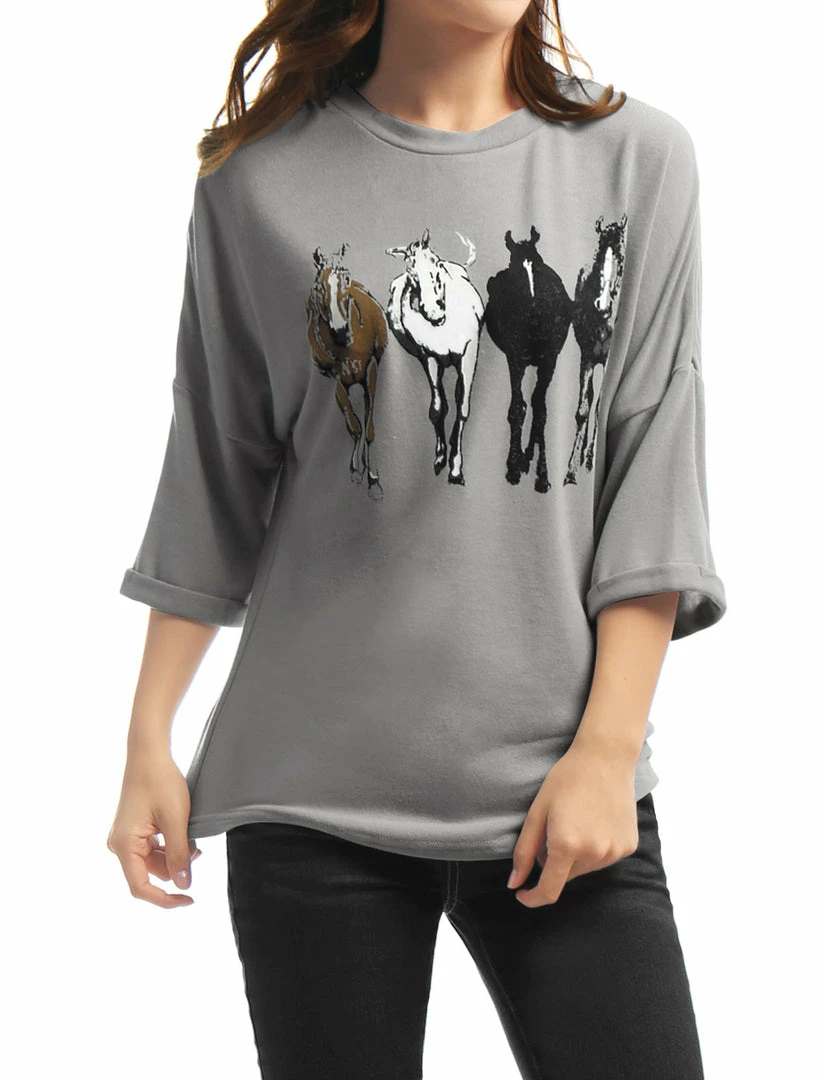 Allegra K Drop Shoulder 3/4 Sleeves Horse Print Loose Top 47 Allegra K Drop Shoulder 3/4 Sleeves Horse Print Loose Top