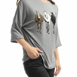 Allegra K Drop Shoulder 3/4 Sleeves Horse Print Loose Top 95 Allegra K Drop Shoulder 3/4 Sleeves Horse Print Loose Top