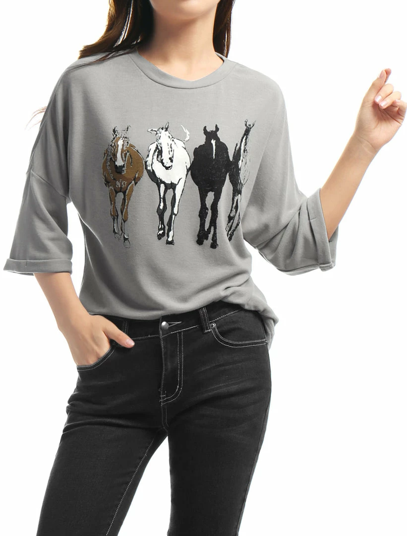 Allegra K Drop Shoulder 3/4 Sleeves Horse Print Loose Top 45 Allegra K Drop Shoulder 3/4 Sleeves Horse Print Loose Top