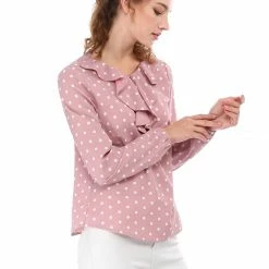 Allegra K Ruffle Neck Vintage Polka Dots Long Sleeve Blouse Clothing