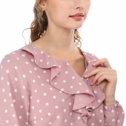 Allegra K Ruffle Neck Vintage Polka Dots Long Sleeve Blouse Clothing