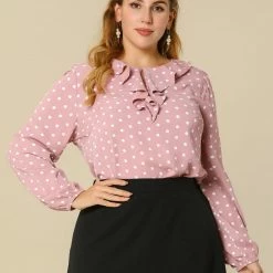 Allegra K Ruffle Neck Vintage Polka Dots Long Sleeve Blouse Clothing