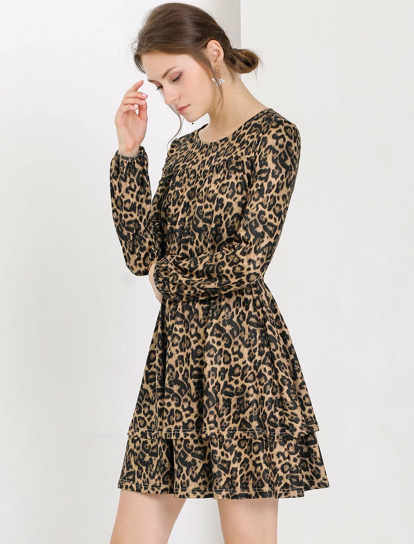 Allegra K Women's Leopard Print Long Sleeve Layered Ruffle Hem Dress 5 Allegra K Women's Leopard Print Long Sleeve Layered Ruffle Hem Dress