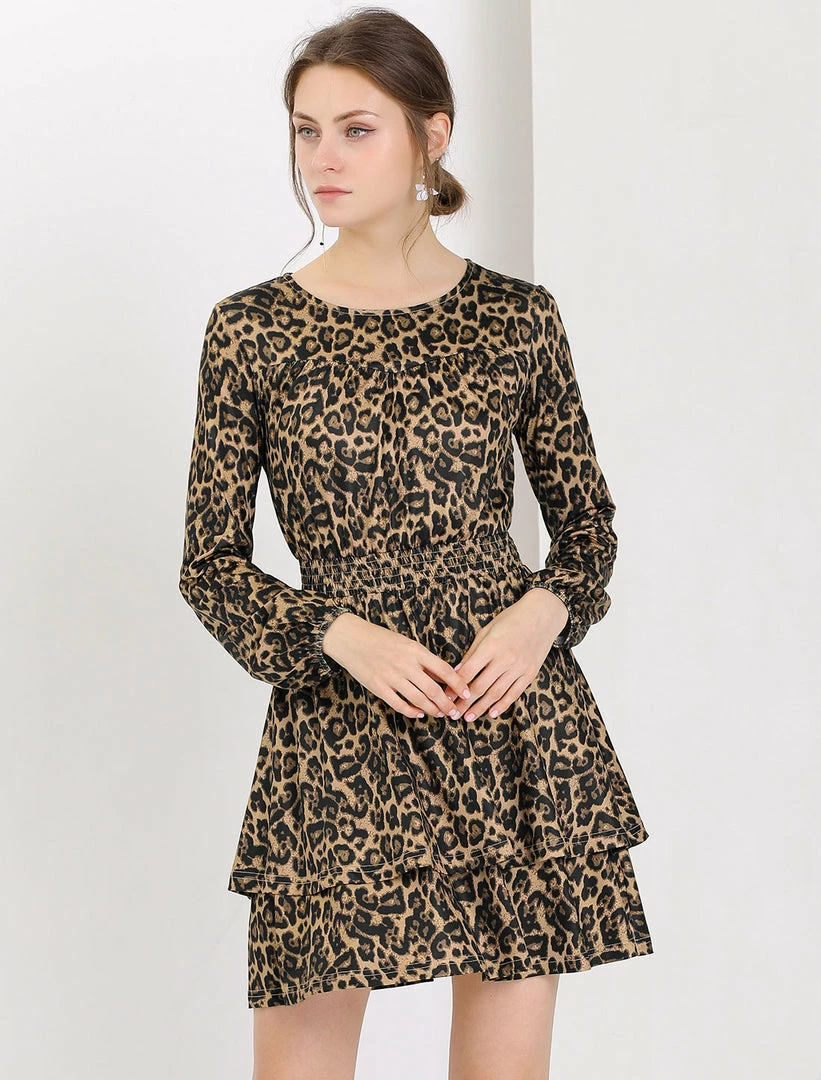 Allegra K Women's Leopard Print Long Sleeve Layered Ruffle Hem Dress 6 Allegra K Women's Leopard Print Long Sleeve Layered Ruffle Hem Dress